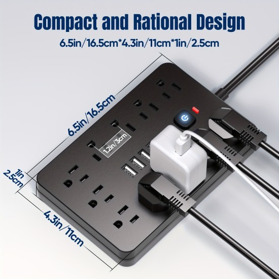 1 Piece 17-in-1 Surge Protected Power Strip With 11 AC Outlets, 4 USB And 2 Type-C Ports. Wall Mountable Desktop Charging Station. US Plug. Perfect For Home, Office And Travel. Available In 5ft Or 10ft Cord Length.