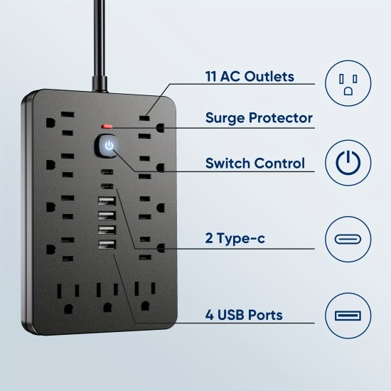 1 Piece 17-in-1 Surge Protected Power Strip With 11 AC Outlets, 4 USB And 2 Type-C Ports. Wall Mountable Desktop Charging Station. US Plug. Perfect For Home, Office And Travel. Available In 5ft Or 10ft Cord Length.